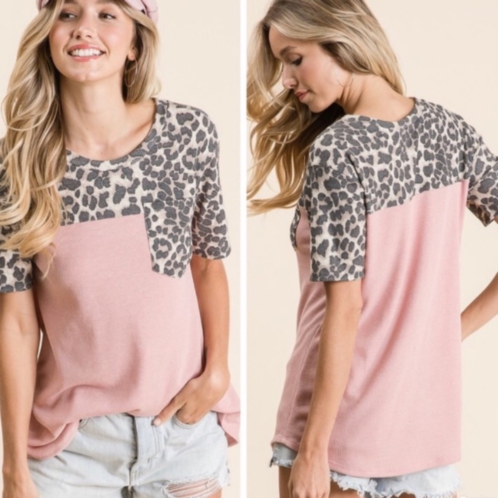 Pink animal print waffleknit top. Size Small